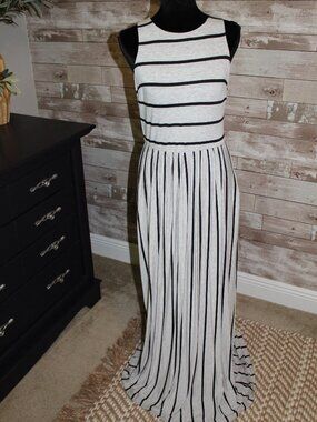 Striped sleeveless Maxi- Gray w/Black stripes stretchy flattering tall girl fit